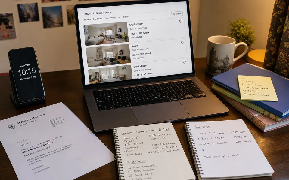 Indian student at home using a laptop to research London student accommodation, with notebooks and offer letter on the desk.