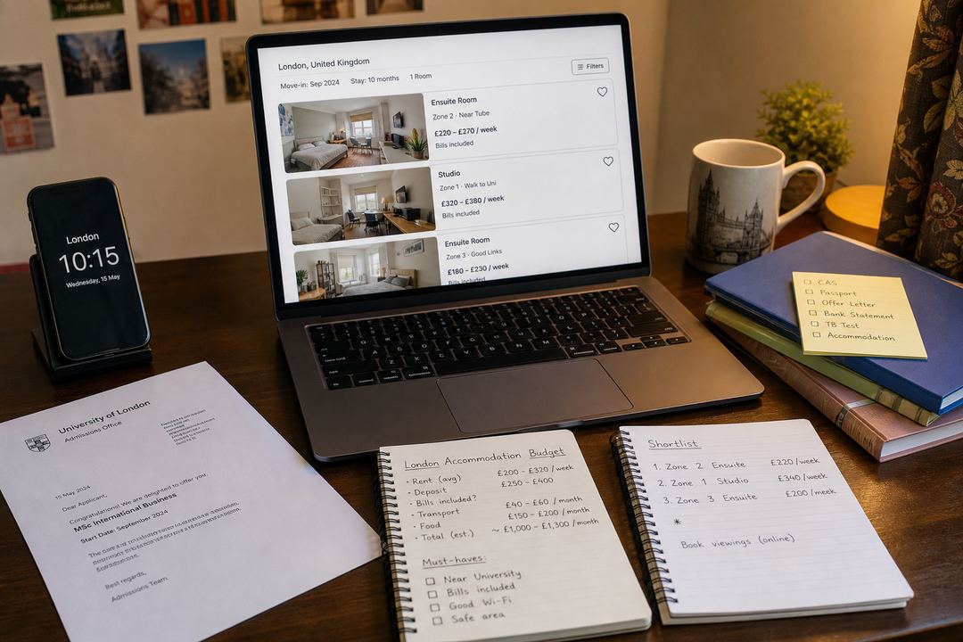 Indian student at home using a laptop to research London student accommodation, with notebooks and offer letter on the desk.