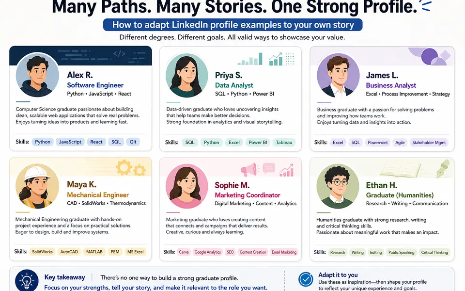 Collage of anonymised LinkedIn-style profile snippets for different graduates, each showing a headline, short summary and skills focus.