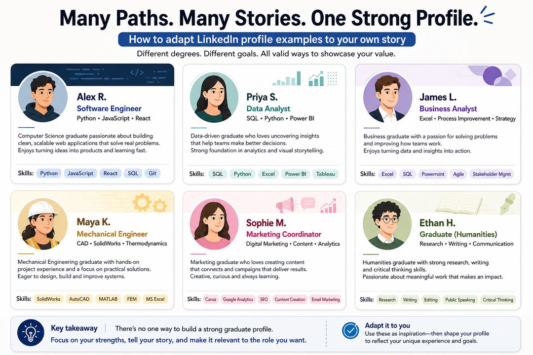 Collage of anonymised LinkedIn-style profile snippets for different graduates, each showing a headline, short summary and skills focus.