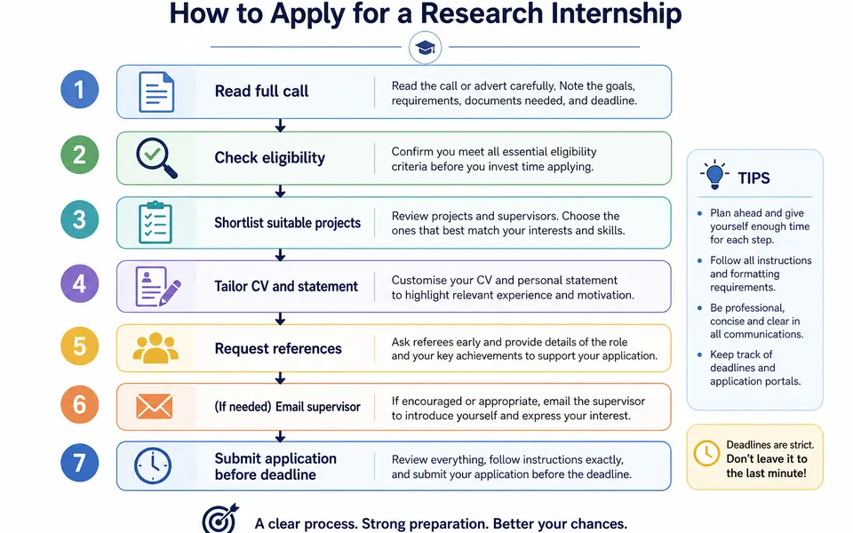 Flowchart showing the steps for applying to a research internship, from reading the call to emailing a supervisor and submitting the final application.