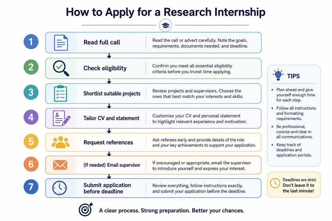 Flowchart showing the steps for applying to a research internship, from reading the call to emailing a supervisor and submitting the final application.