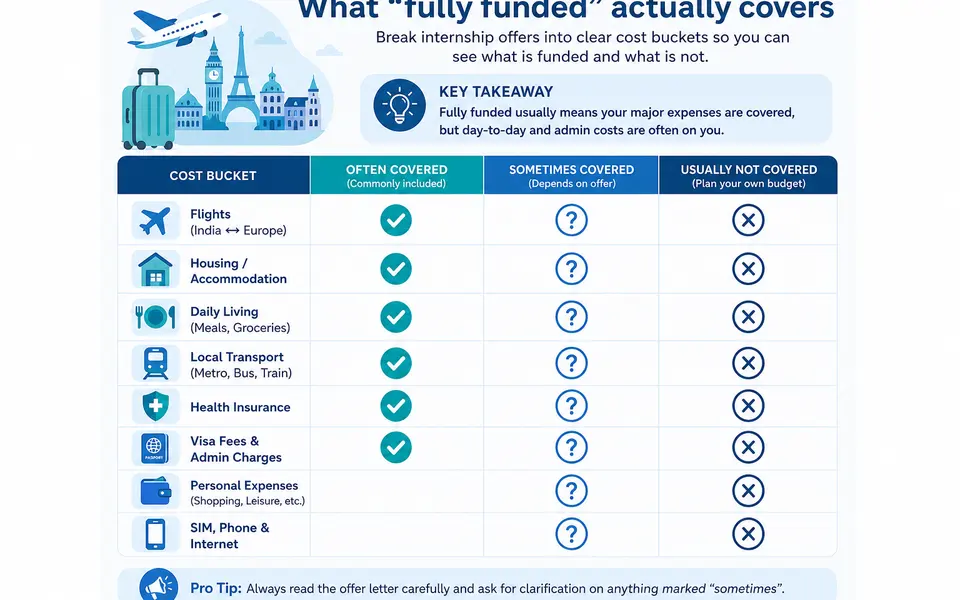 Infographic showing main cost buckets for an overseas internship and which are typically covered by funding.