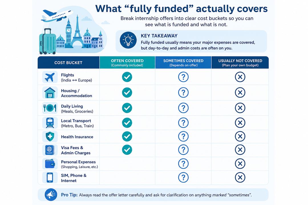 Infographic showing main cost buckets for an overseas internship and which are typically covered by funding.