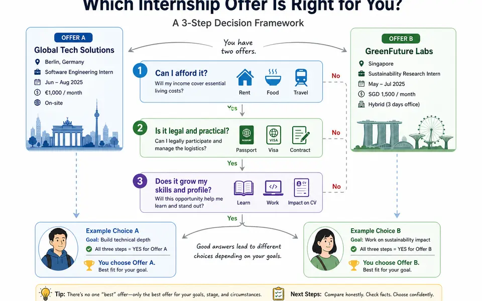 Flowchart showing steps to choose between two internship offers: budget, legal fit, learning design, brand and next steps.