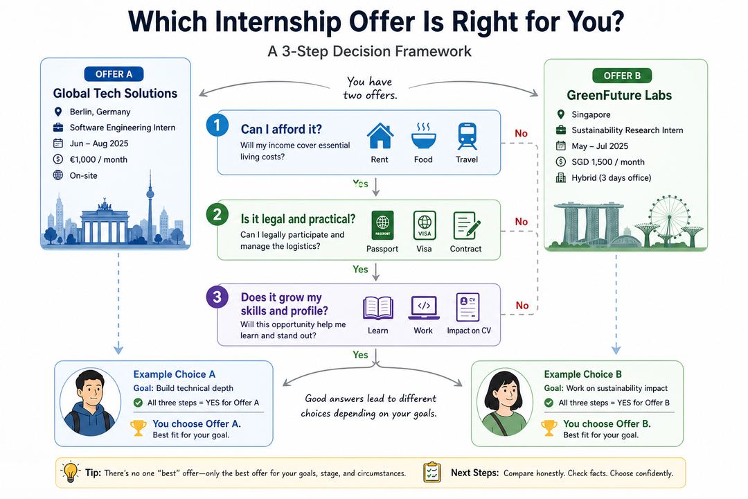 Flowchart showing steps to choose between two internship offers: budget, legal fit, learning design, brand and next steps.