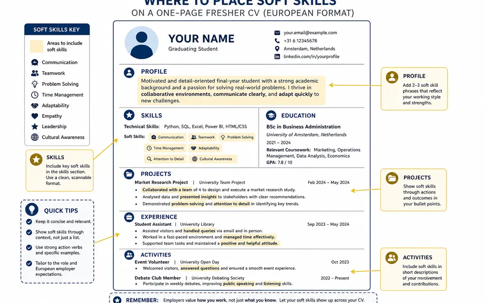 Simple one-page CV layout with highlighted areas showing where soft skills can appear.