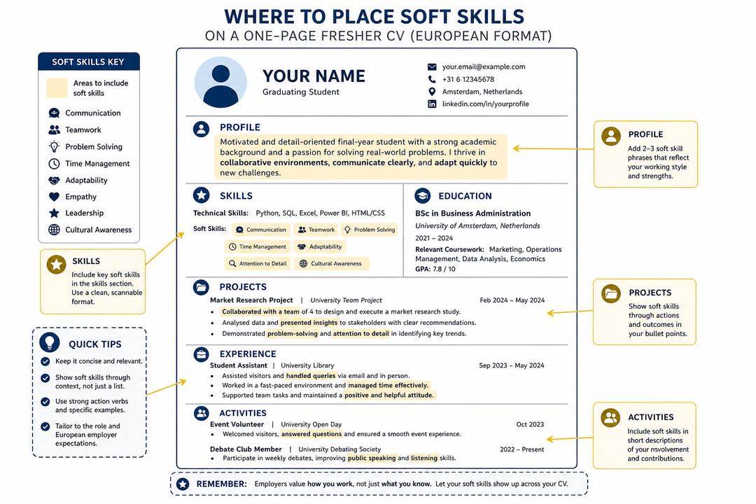 Simple one-page CV layout with highlighted areas showing where soft skills can appear.