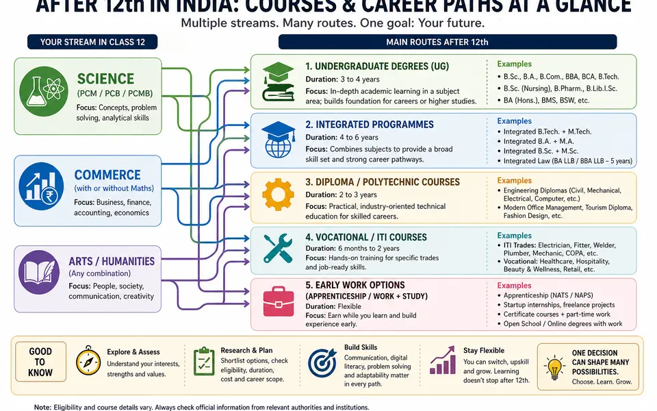 Diagram showing Science, Commerce and Arts streams leading to degrees, diplomas, vocational courses and early-work options after class 12.