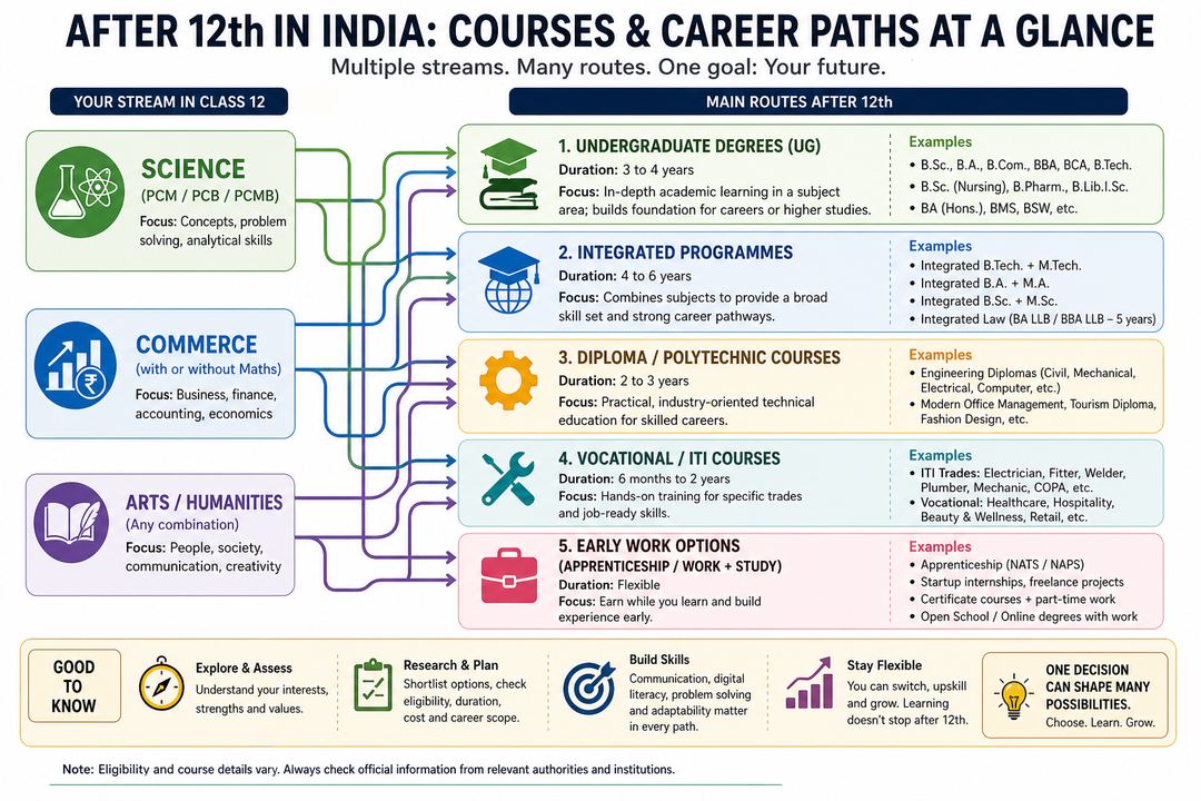Diagram showing Science, Commerce and Arts streams leading to degrees, diplomas, vocational courses and early-work options after class 12.