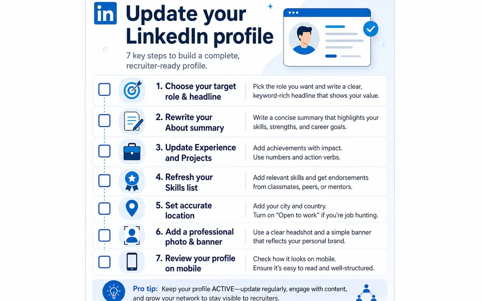 Checklist graphic summarising key steps to update a graduate LinkedIn profile, including headline, About, experience, skills, location and photo.