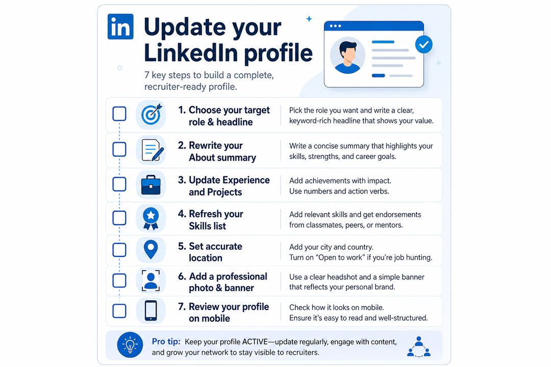 Checklist graphic summarising key steps to update a graduate LinkedIn profile, including headline, About, experience, skills, location and photo.