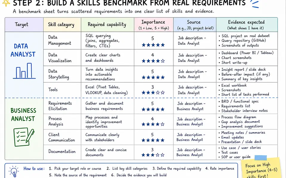Sample skills benchmark sheet for a student, with columns for skill category, required capability, importance, and evidence.