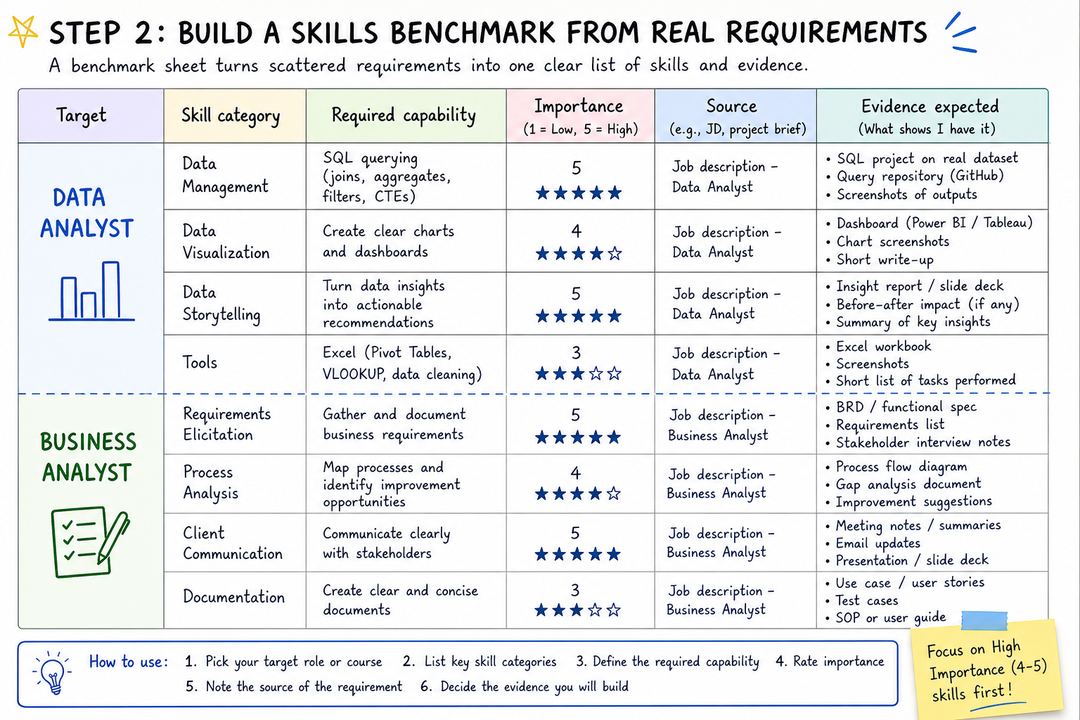 Sample skills benchmark sheet for a student, with columns for skill category, required capability, importance, and evidence.