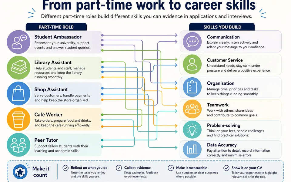 Diagram linking common student jobs such as student ambassador, shop assistant and peer tutor to skills like communication, teamwork and data accuracy.