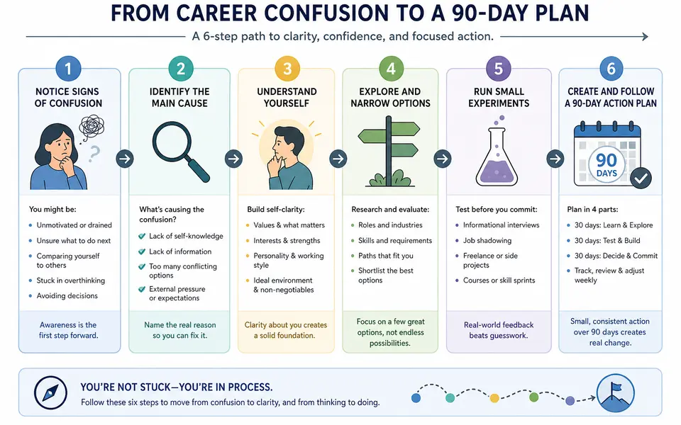 Six-step flowchart moving from career confusion to a focused 90-day action plan.