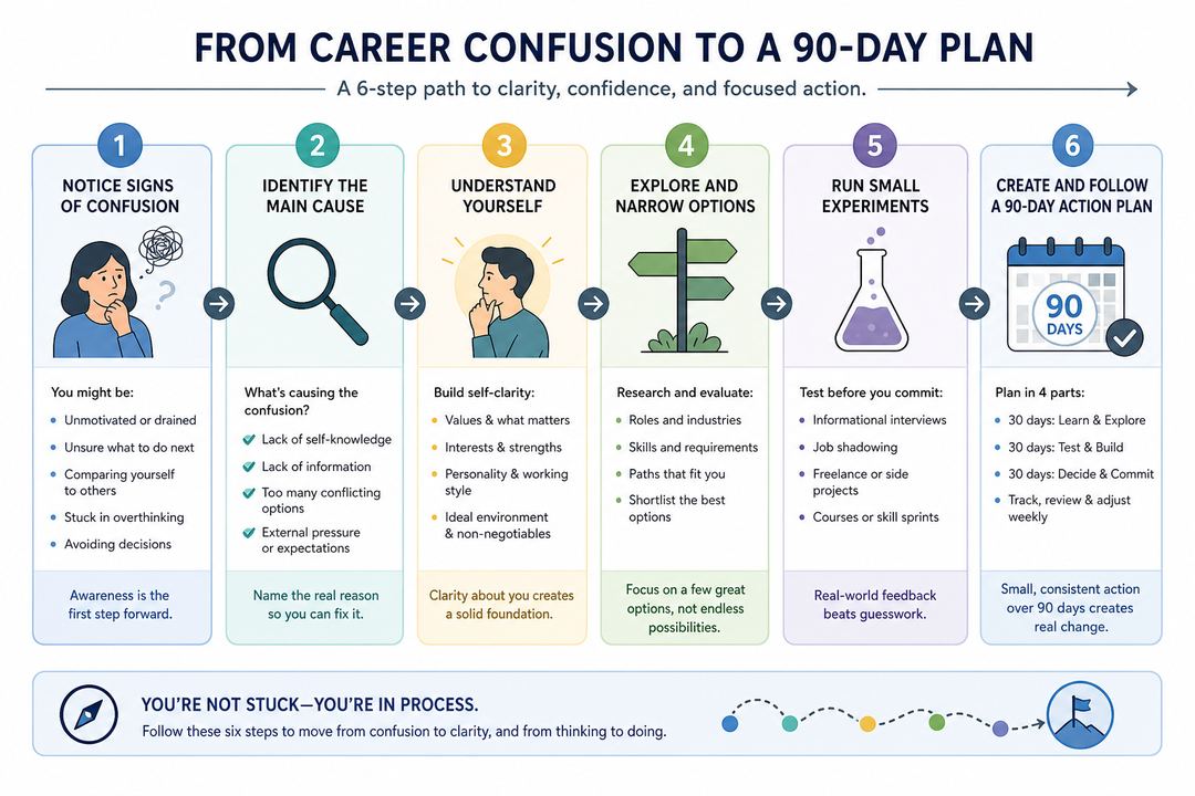 Six-step flowchart moving from career confusion to a focused 90-day action plan.