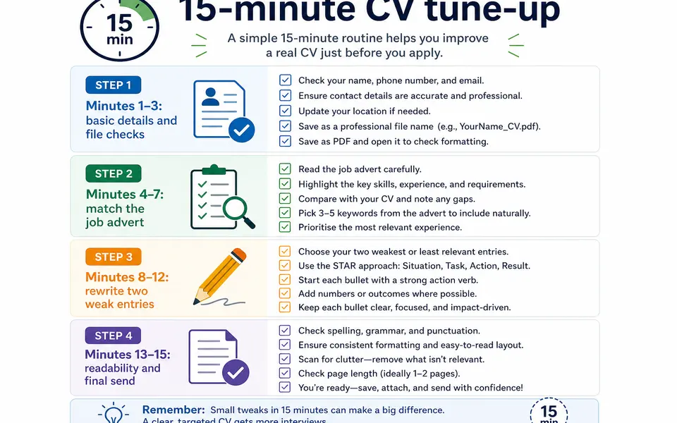 Infographic showing a 15-minute CV tune-up checklist split into four short steps.