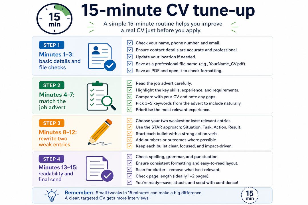 Infographic showing a 15-minute CV tune-up checklist split into four short steps.
