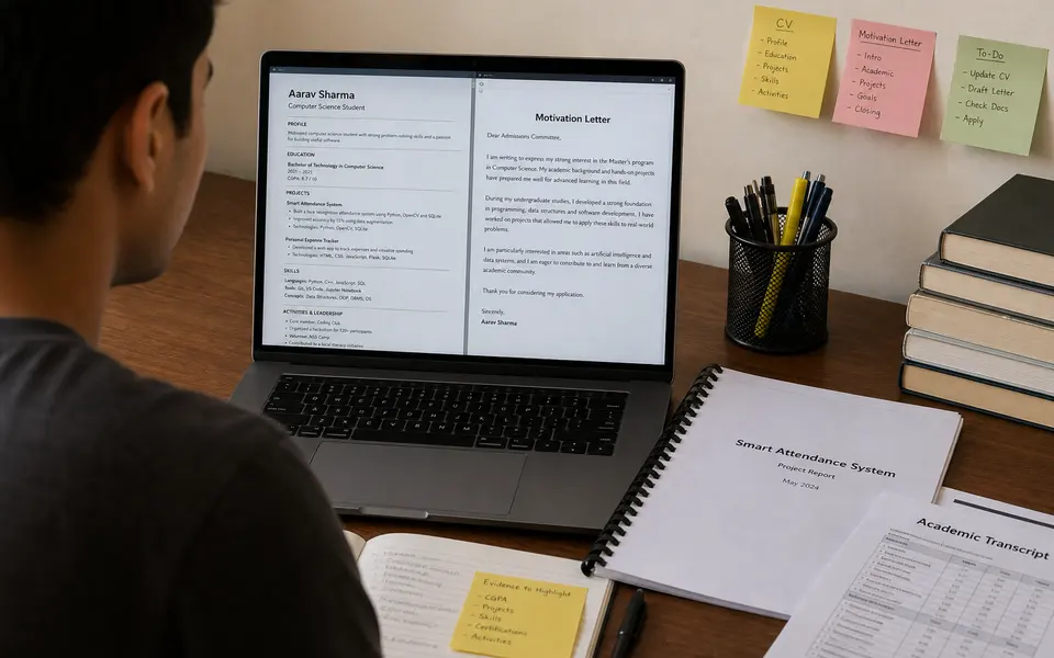Indian student at a desk drafting a CV and motivation letter on a laptop, with project reports and transcripts laid out nearby