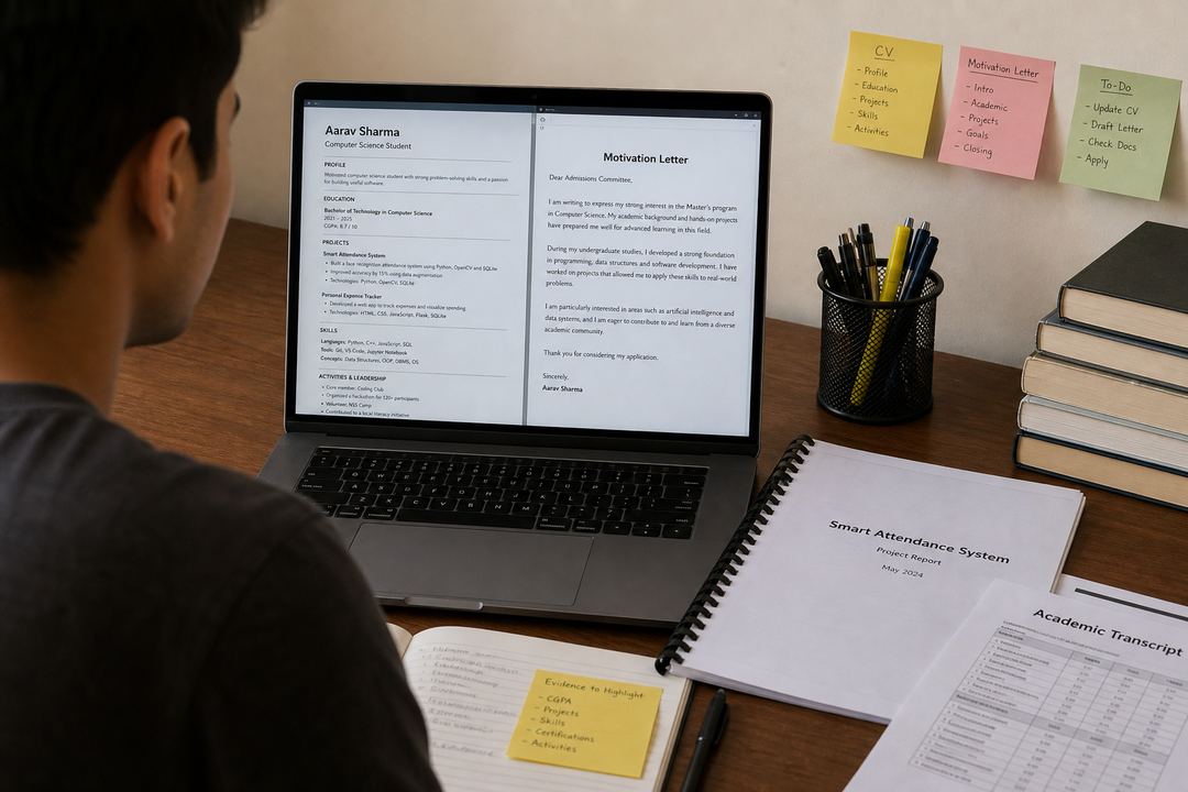 Indian student at a desk drafting a CV and motivation letter on a laptop, with project reports and transcripts laid out nearby