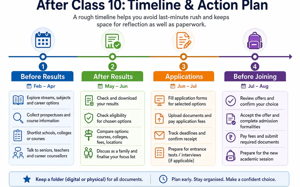 Timeline from Class 10 exams to final admission showing key milestones like exploring options, checking results, applying and confirming a seat.