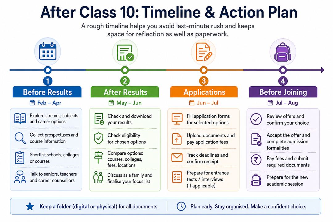 Timeline from Class 10 exams to final admission showing key milestones like exploring options, checking results, applying and confirming a seat.