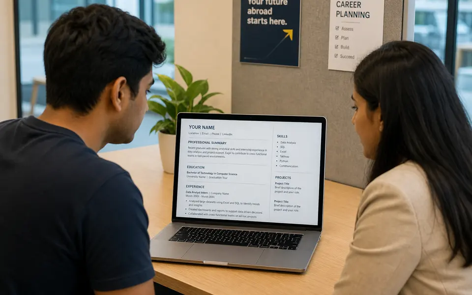 An Indian student and a career advisor reviewing a CV on a laptop in a modern office setting.