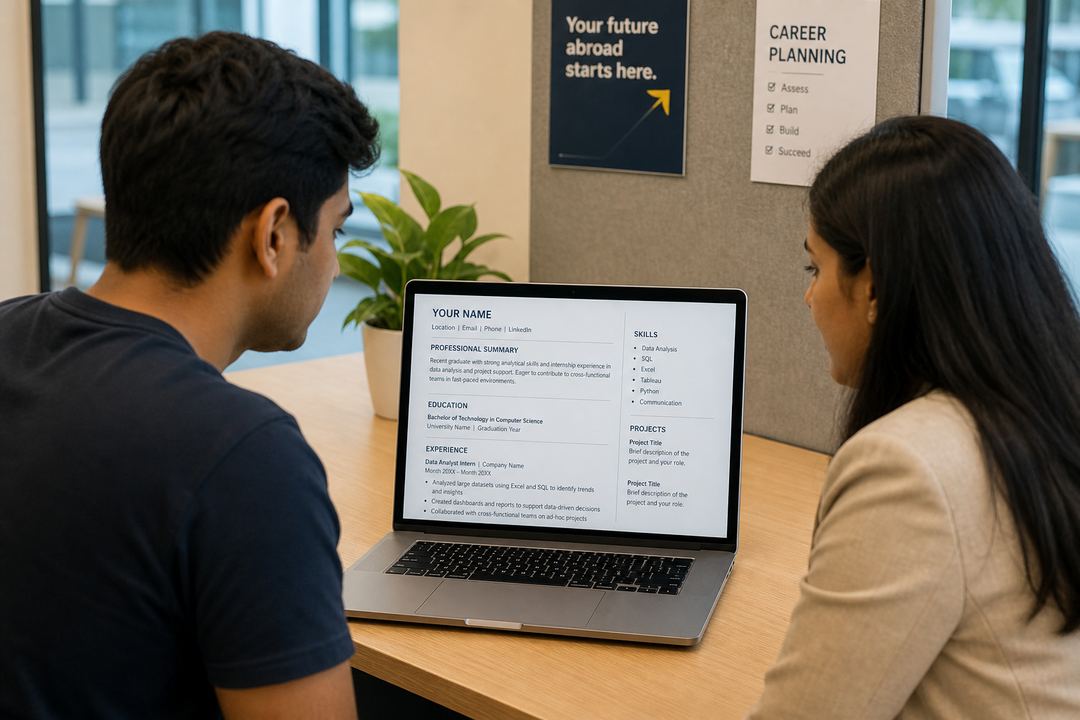 An Indian student and a career advisor reviewing a CV on a laptop in a modern office setting.