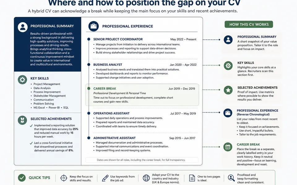 Annotated CV layout showing a professional summary, key skills section, work history and a clearly labelled career break entry.