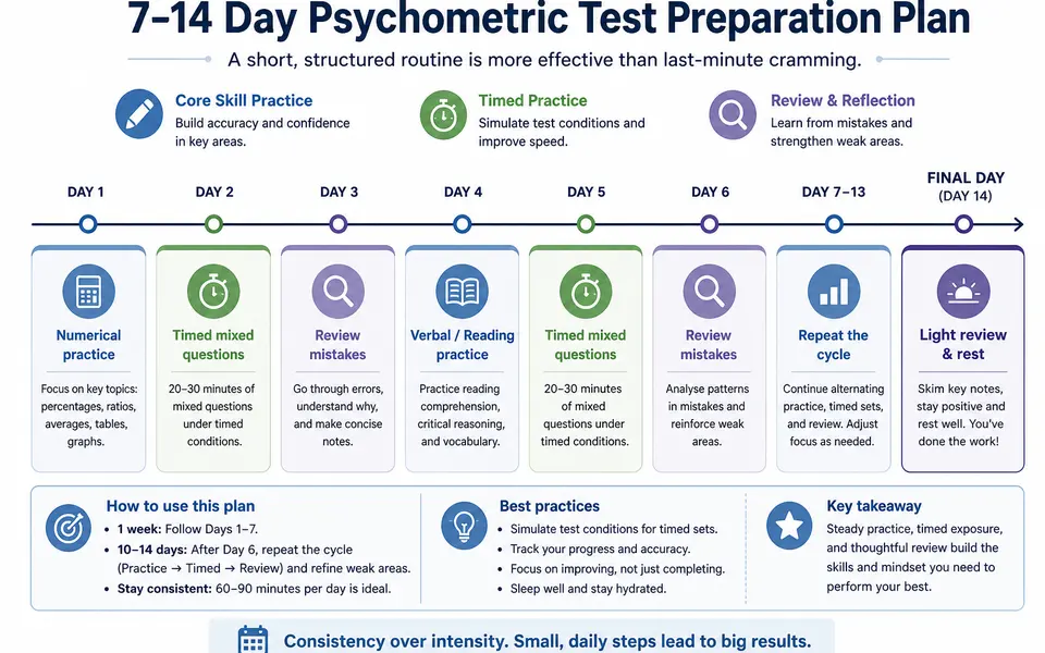 Timeline-style infographic showing a one- to two-week psychometric test preparation plan with alternating skill practice, timed sets and review days.