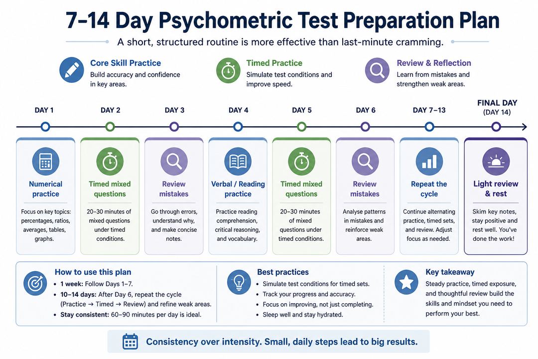 Timeline-style infographic showing a one- to two-week psychometric test preparation plan with alternating skill practice, timed sets and review days.
