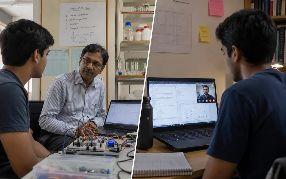 Indian student in a modest lab and another student on a laptop in a hostel room, both collaborating remotely on a research project.