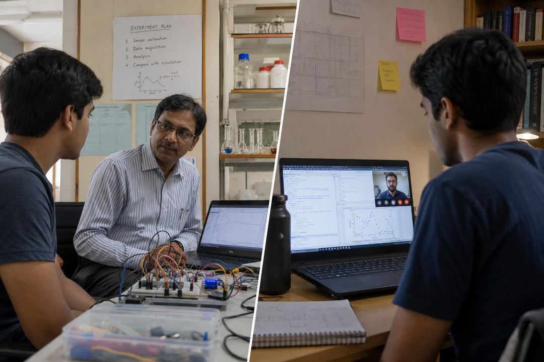 Indian student in a modest lab and another student on a laptop in a hostel room, both collaborating remotely on a research project.