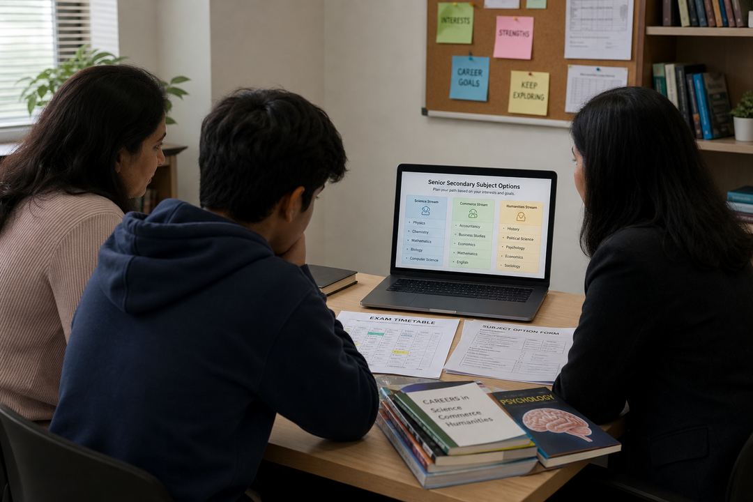 Student and parent discussing subject choices with a counsellor at a desk covered with textbooks and course brochures.