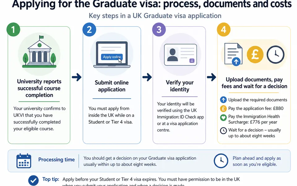 Four-step flow diagram showing the UK Graduate visa application process from course completion report to decision.