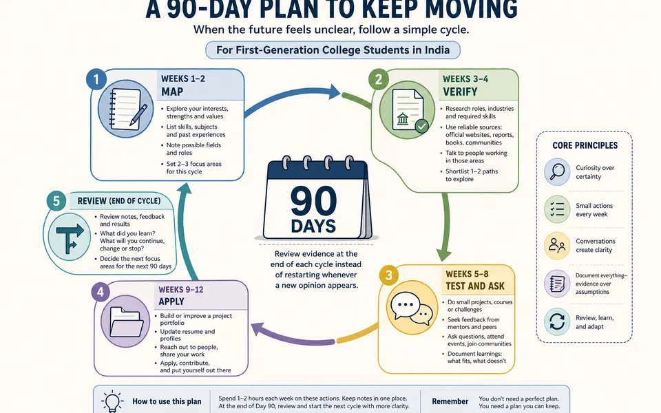 A 90-day career planning cycle divided into five stages: map, verify, test, apply and review.