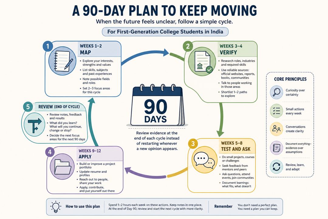 A 90-day career planning cycle divided into five stages: map, verify, test, apply and review.