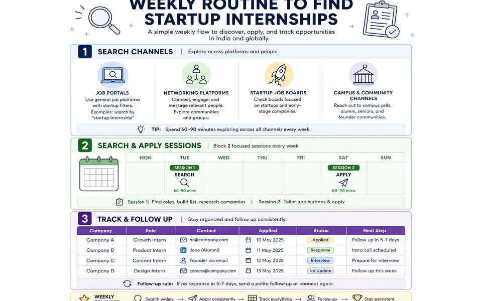 Infographic showing a weekly routine for finding startup internships, from listing channels to tracking applications and following up.