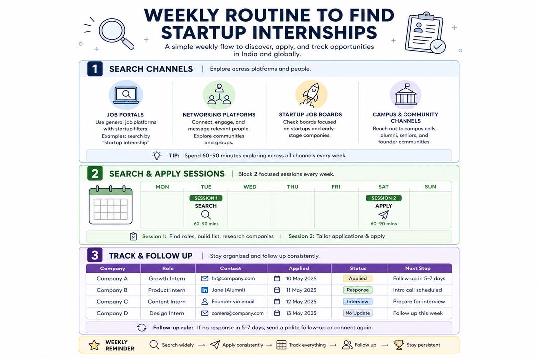 Infographic showing a weekly routine for finding startup internships, from listing channels to tracking applications and following up.