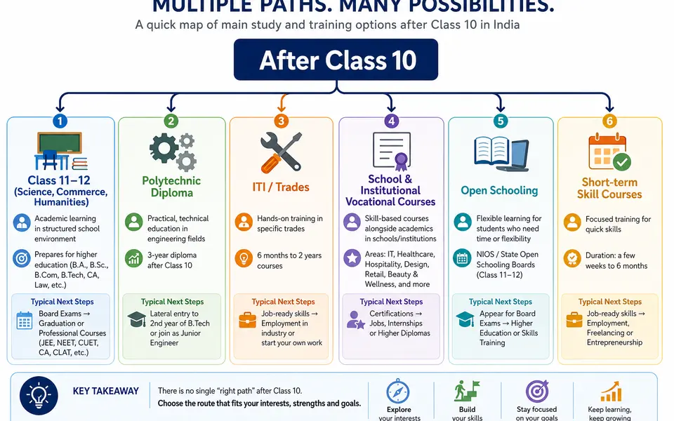 Infographic mapping main options after Class 10, including Class 11–12 streams, polytechnic diplomas, ITI, vocational courses, open schooling and short-term skills.