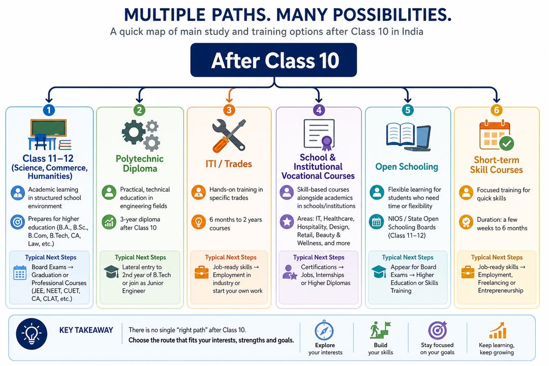 Infographic mapping main options after Class 10, including Class 11–12 streams, polytechnic diplomas, ITI, vocational courses, open schooling and short-term skills.