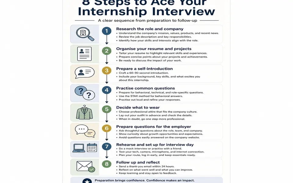 Flowchart showing eight steps of internship interview preparation from research to follow-up.
