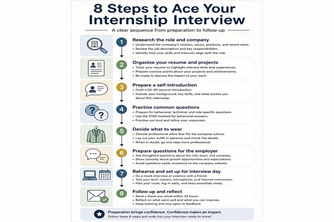 Flowchart showing eight steps of internship interview preparation from research to follow-up.