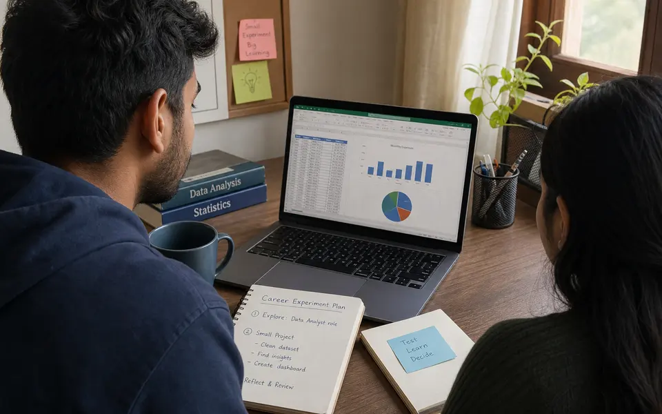 Student or young professional working on a laptop with notes, alongside a small project or tutoring session setup.