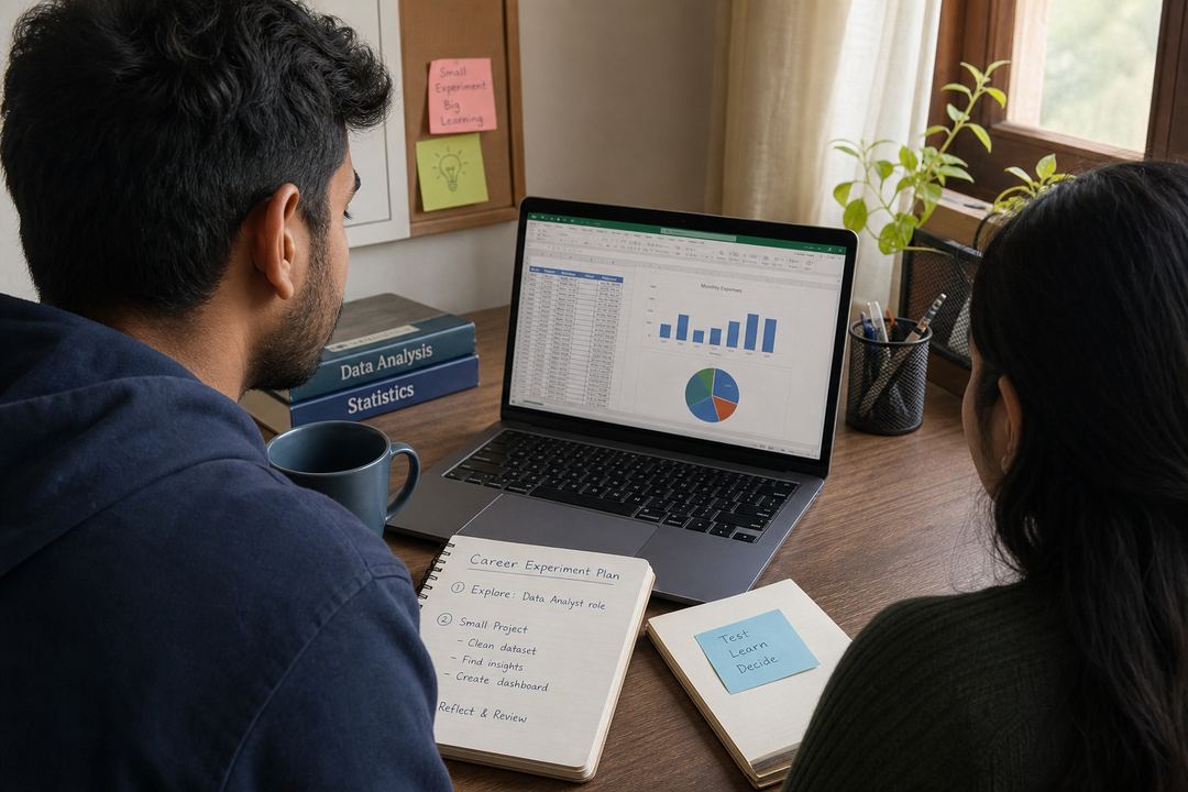 Student or young professional working on a laptop with notes, alongside a small project or tutoring session setup.