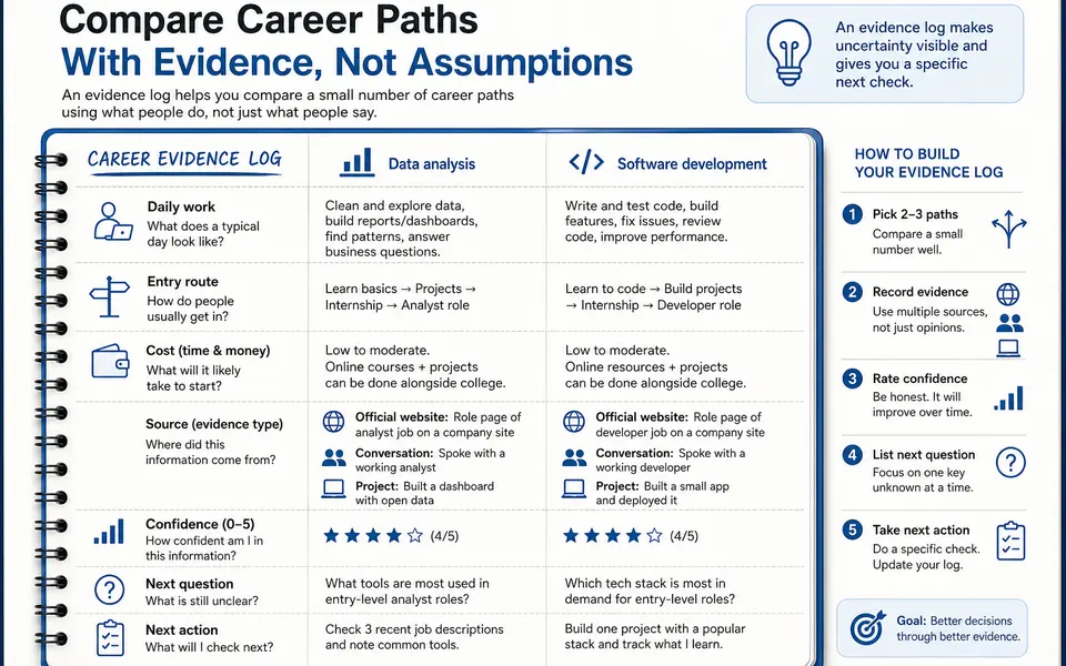 A simple career evidence log comparing two career paths by claim, source, confidence, unanswered question and next action.