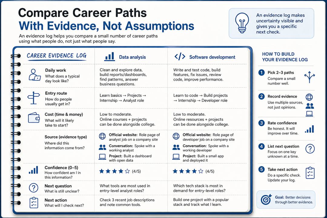 A simple career evidence log comparing two career paths by claim, source, confidence, unanswered question and next action.