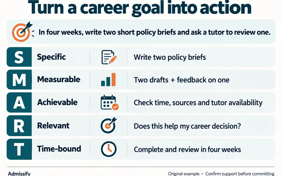 SMART goal worksheet using a student example: write two short policy briefs in four weeks, seek tutor feedback, check available resources and connect the work to a career decision.