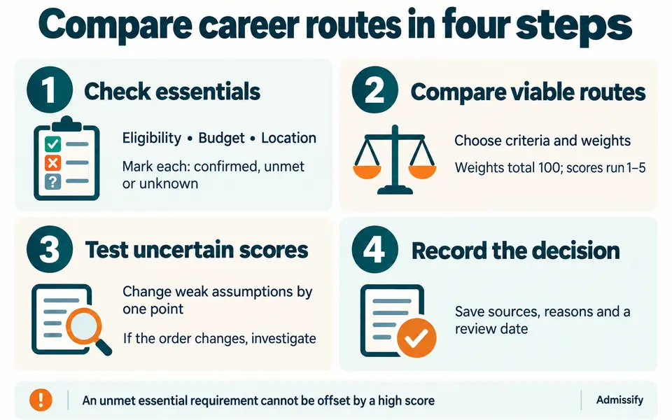 Career comparison workflow: check essential requirements, compare feasible routes with weighted criteria, investigate uncertain scores, and record the evidence for the decision.